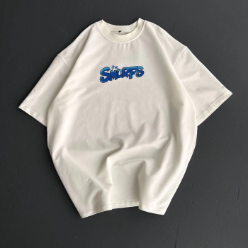 Ön ve Arka Baskılı Oversize Bisiklet Yaka T-shirt- Beyaz -