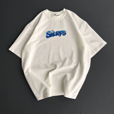 Ön ve Arka Baskılı Oversize Bisiklet Yaka T-shirt- Beyaz -