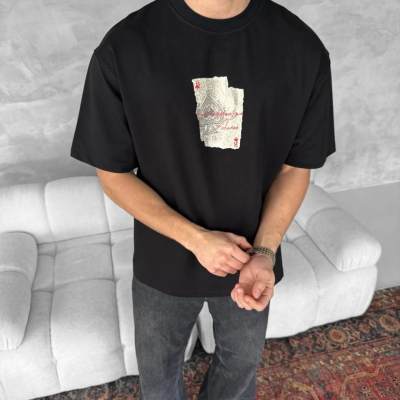 Ön ve Arka Baskılı Oversize Bisiklet Yaka T-shirt - Siyah -