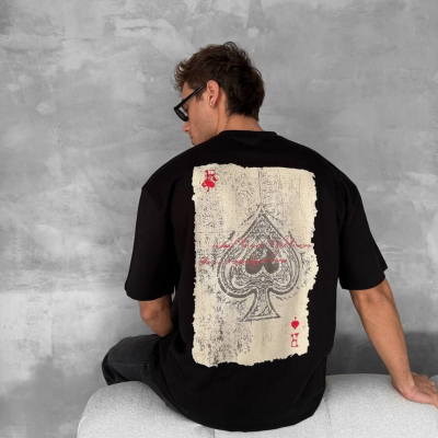 Ön ve Arka Baskılı Oversize Bisiklet Yaka T-shirt - Siyah -