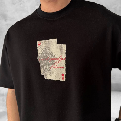 Ön ve Arka Baskılı Oversize Bisiklet Yaka T-shirt - Siyah -