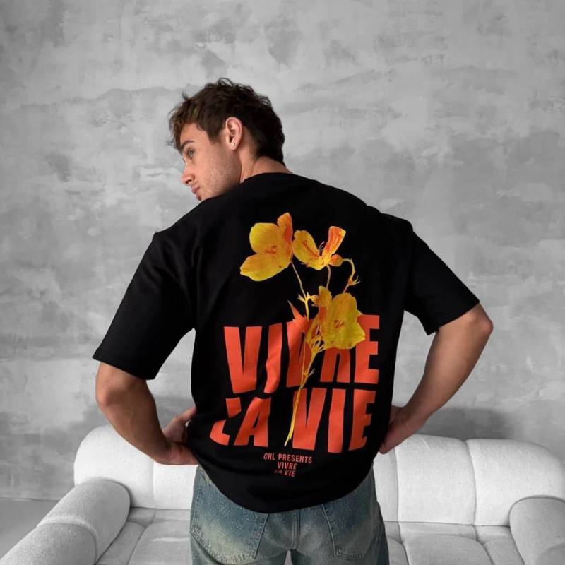 Ön ve Arka Baskılı Oversize Bisiklet Yaka T-shirt- Siyah -