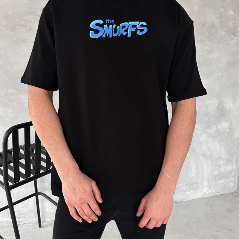 Ön ve Arka Baskılı Oversize Bisiklet Yaka T-shirt- Siyah -