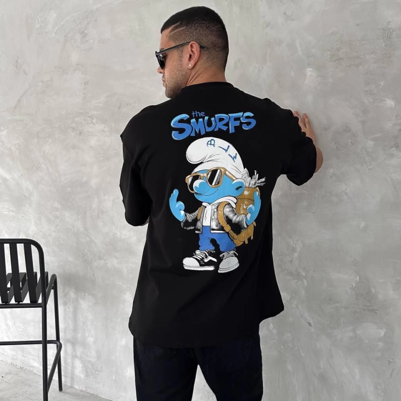 Ön ve Arka Baskılı Oversize Bisiklet Yaka T-shirt- Siyah -