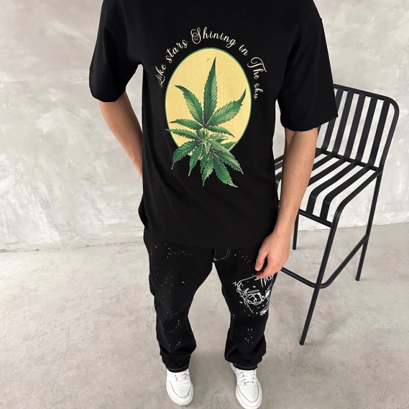 Ön ve Arka Baskılı Oversize Bisiklet Yaka T-shirt- Siyah -