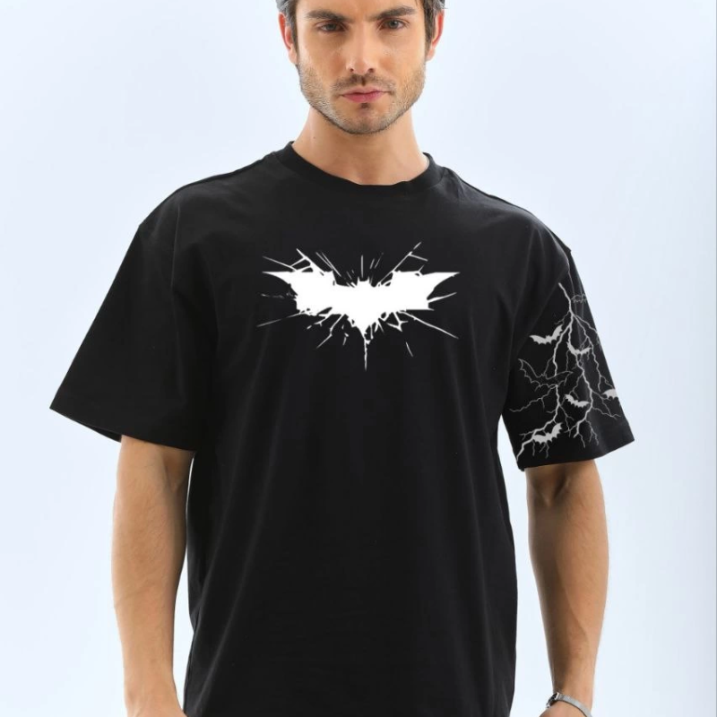 Ön ve Kol Baskılı Oversize T-shirt - Siyah -