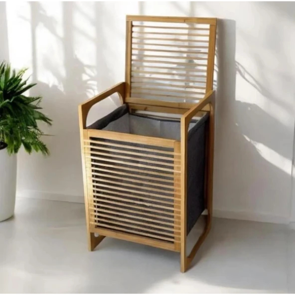 Orta Boy Ahşap Bambu Kirli Sepeti 40x35x60 