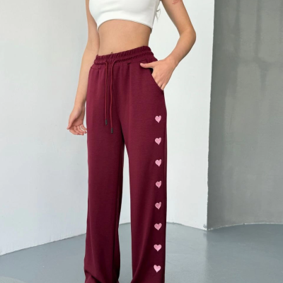 Osy Modal Yumuşak Dokulu Kumaş Nakış işlemeli Rahat Bol Paça Eşofman Pantalon - Bordo -