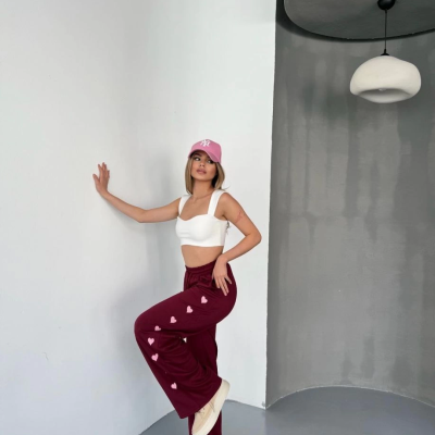 Osy Modal Yumuşak Dokulu Kumaş Nakış işlemeli Rahat Bol Paça Eşofman Pantalon - Bordo -