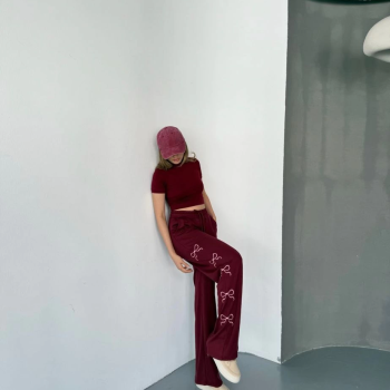 Osy Modal Yumuşak Dokulu Kumaş Nakış işlemeli Rahat Bol Paça Eşofman Pantalon - Bordo -