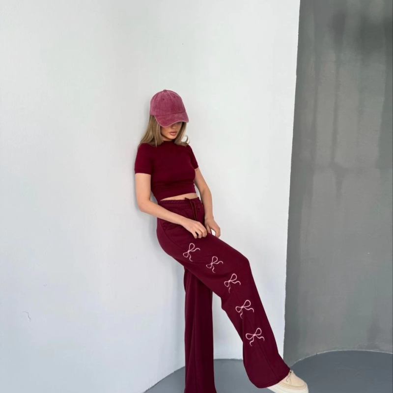 Osy Modal Yumuşak Dokulu Kumaş Nakış işlemeli Rahat Bol Paça Eşofman Pantalon - Bordo -