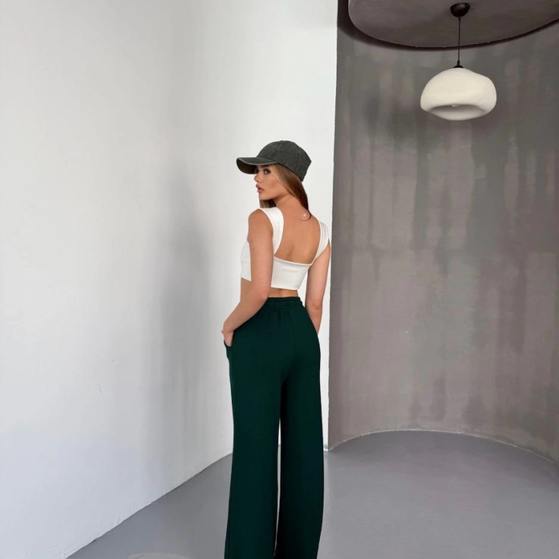 Osy Modal Yumuşak Dokulu Kumaş Nakış işlemeli Rahat Bol Paça Eşofman Pantalon - Yeşil -