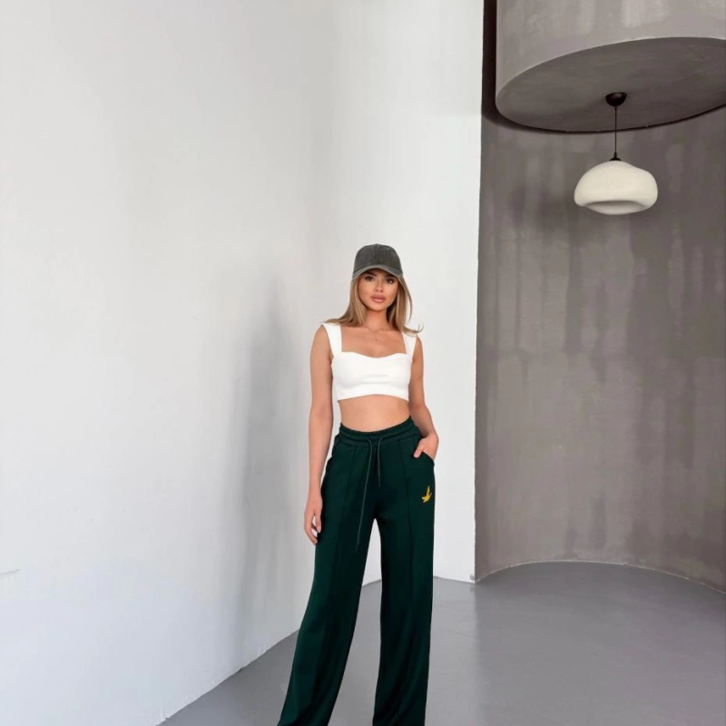 Osy Modal Yumuşak Dokulu Kumaş Nakış işlemeli Rahat Bol Paça Eşofman Pantalon - Yeşil -