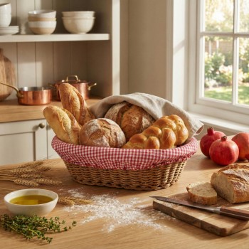 Oval Renkli Bezli İp Hasır Ekmek Sepeti