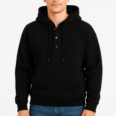 Ovarsize Kapüşonlu  sweatshirt Kanguru Çepli Cıtcıtlı 3 iplik Şardonlu Hoodie - Siyah -