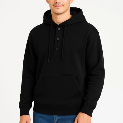 Ovarsize Kapüşonlu  sweatshirt Kanguru Çepli Cıtcıtlı 3 iplik Şardonlu Hoodie - Siyah -