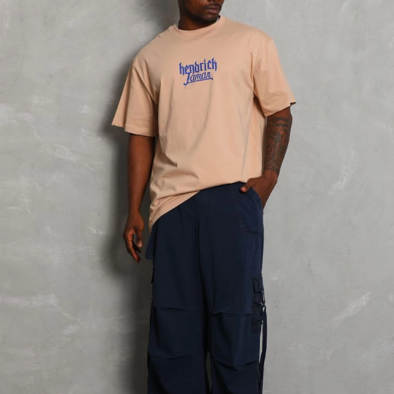 Oversize Baskılı Bisiklet Yaka T-Shirt - Bej -