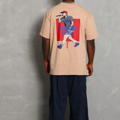 Oversize Baskılı Bisiklet Yaka T-Shirt - Bej -