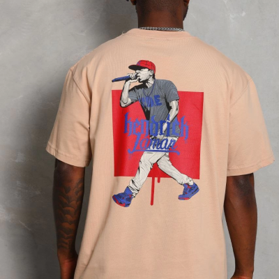 Oversize Baskılı Bisiklet Yaka T-Shirt - Bej -