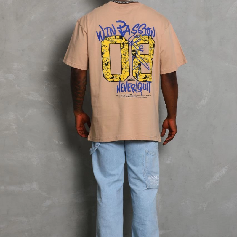 Oversize Baskılı Bisiklet Yaka T-Shirt - Bej -