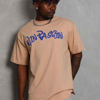 Oversize Baskılı Bisiklet Yaka T-Shirt - Bej -