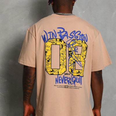 Oversize Baskılı Bisiklet Yaka T-Shirt - Bej -