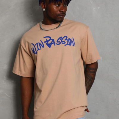 Oversize Baskılı Bisiklet Yaka T-Shirt - Bej -