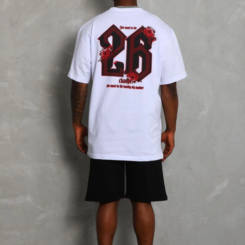 Oversize Baskılı Bisiklet Yaka T-Shirt - Beyaz -