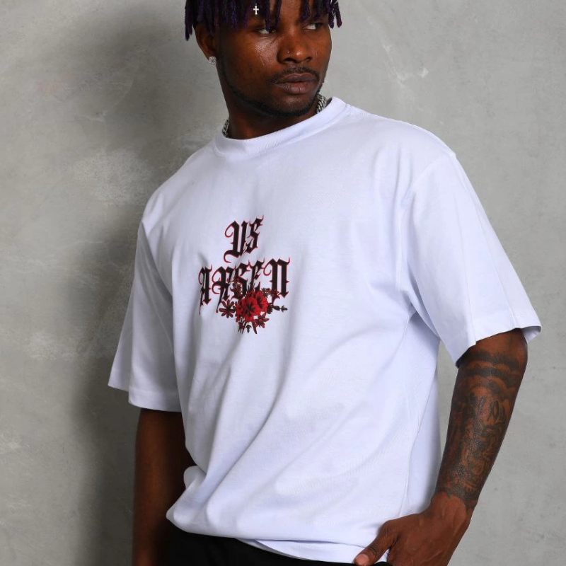 Oversize Baskılı Bisiklet Yaka T-Shirt - Beyaz -