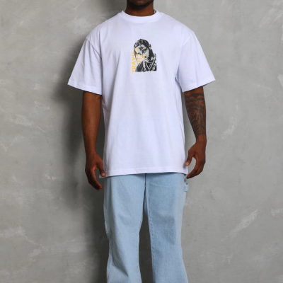 Oversize Baskılı Bisiklet Yaka T-Shirt - Beyaz -