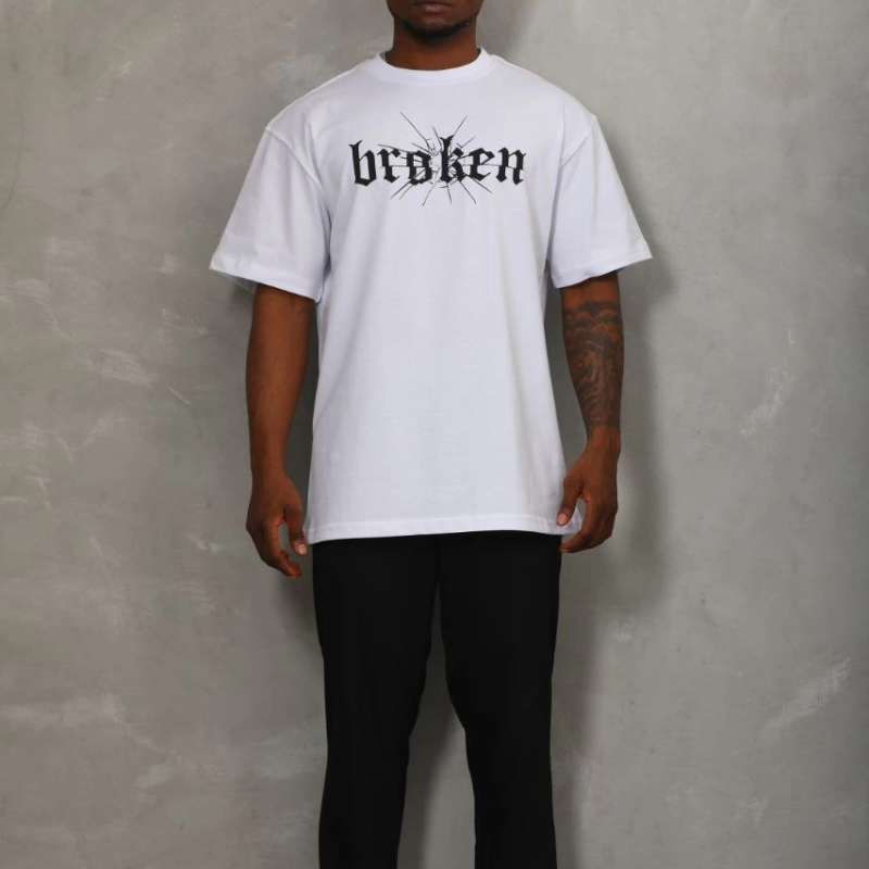 Oversize Baskılı Bisiklet Yaka T-Shirt - Beyaz -