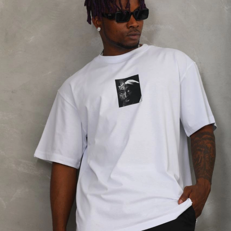 Oversize Baskılı Bisiklet Yaka T-Shirt - Beyaz -