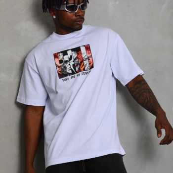 Oversize Baskılı Bisiklet Yaka T-Shirt - Beyaz -