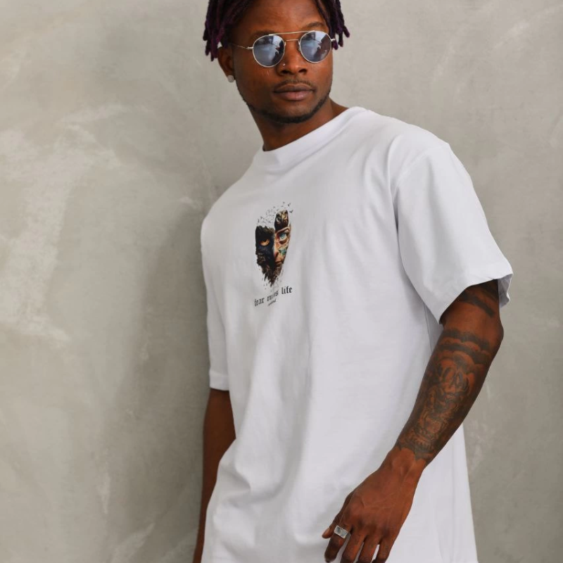 Oversize Baskılı Bisiklet Yaka T-Shirt - Beyaz -