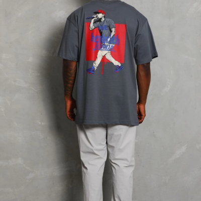 Oversize Baskılı Bisiklet Yaka T-Shirt - Füme -