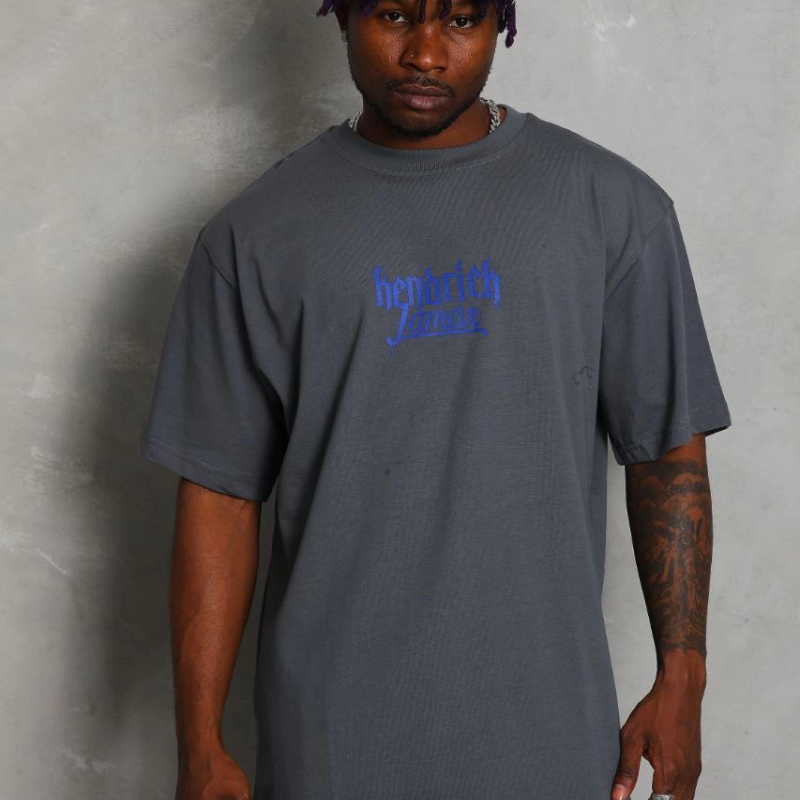 Oversize Baskılı Bisiklet Yaka T-Shirt - Füme -