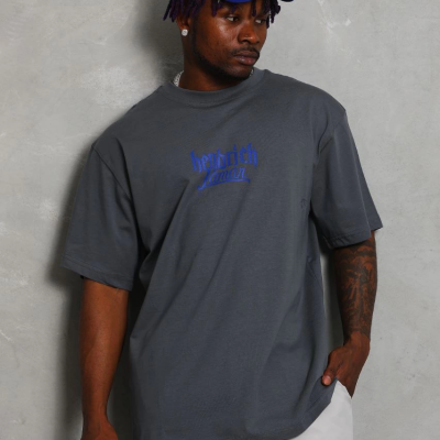 Oversize Baskılı Bisiklet Yaka T-Shirt - Füme -