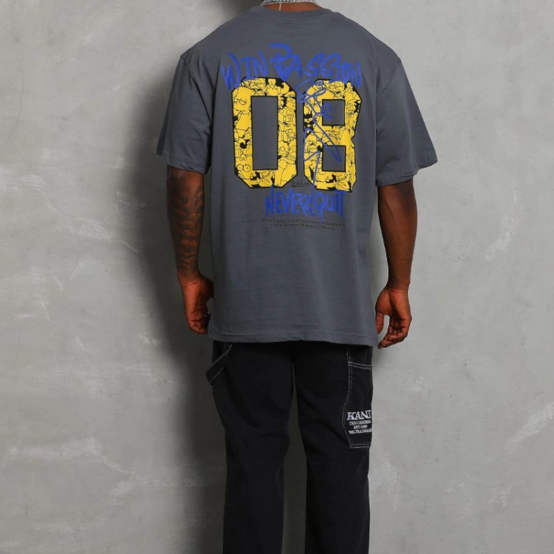 Oversize Baskılı Bisiklet Yaka T-Shirt - Füme -