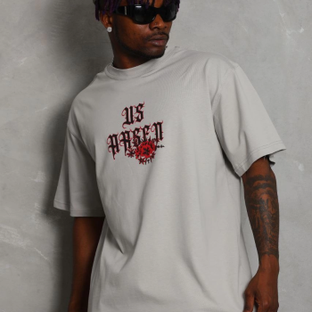 Oversize Baskılı Bisiklet Yaka T-Shirt - Gri -