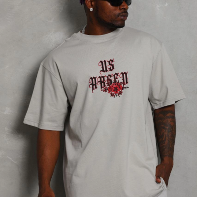 Oversize Baskılı Bisiklet Yaka T-Shirt - Gri -