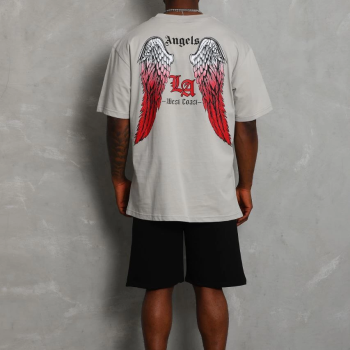 Oversize Baskılı Bisiklet Yaka T-Shirt - Gri -