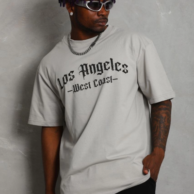 Oversize Baskılı Bisiklet Yaka T-Shirt - Gri -