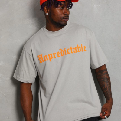 Oversize Baskılı Bisiklet Yaka T-Shirt - Gri -