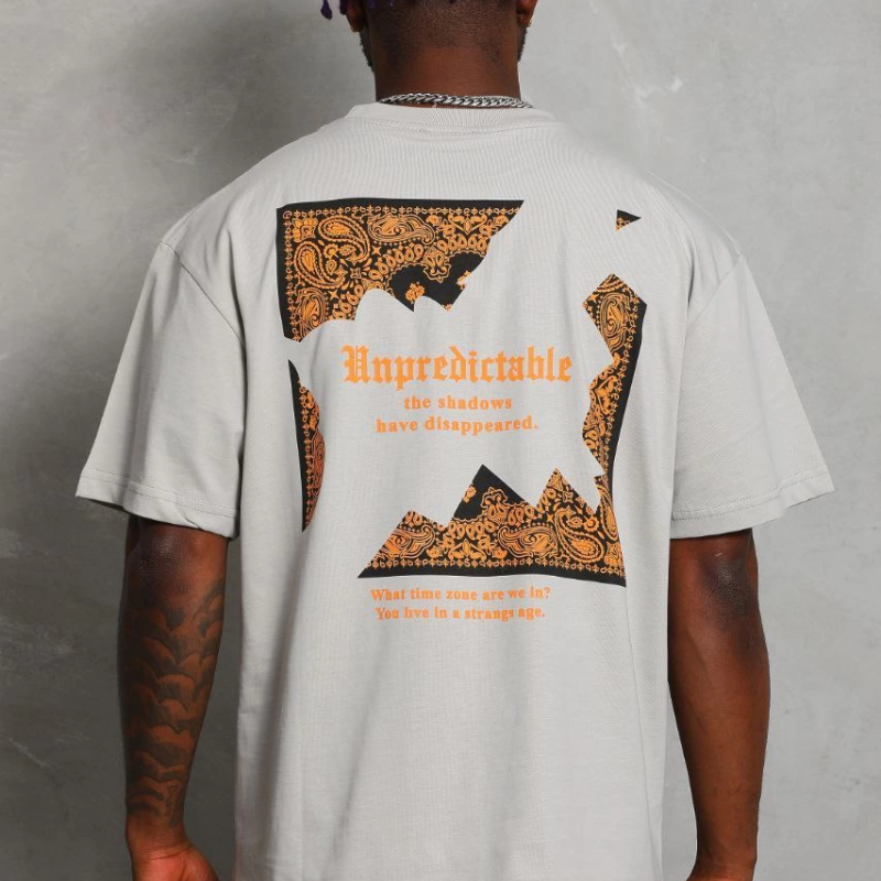 Oversize Baskılı Bisiklet Yaka T-Shirt - Gri -