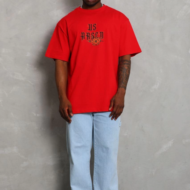 Oversize Baskılı Bisiklet Yaka T-Shirt - Kırmızı -