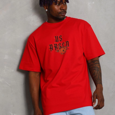 Oversize Baskılı Bisiklet Yaka T-Shirt - Kırmızı -