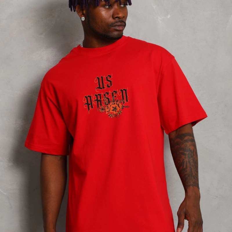 Oversize Baskılı Bisiklet Yaka T-Shirt - Kırmızı -