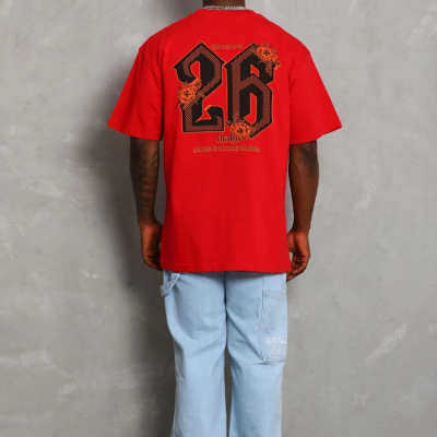 Oversize Baskılı Bisiklet Yaka T-Shirt - Kırmızı -