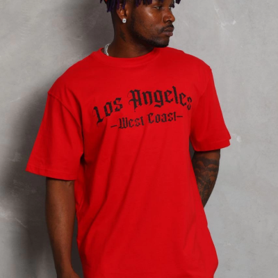 Oversize Baskılı Bisiklet Yaka T-Shirt - Kırmızı -