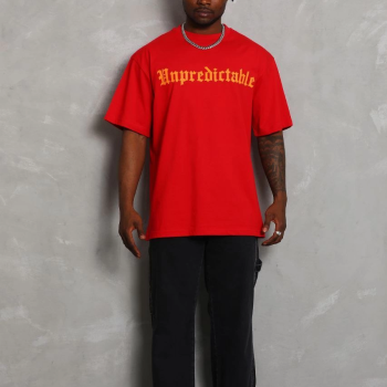 Oversize Baskılı Bisiklet Yaka T-Shirt - Kırmızı -